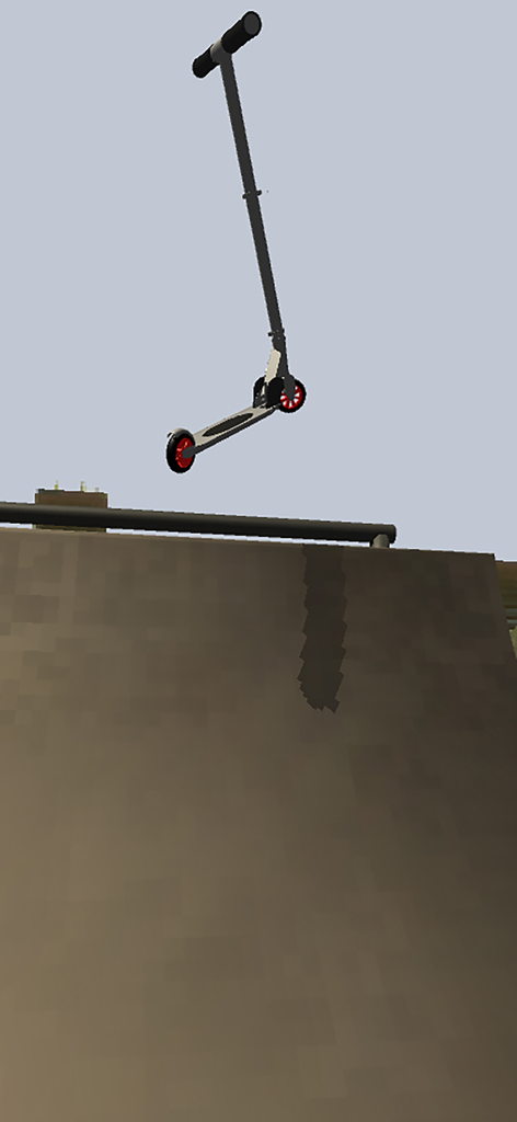A scooter performing a mid-air stunt jump over a ramp in a skatepark
