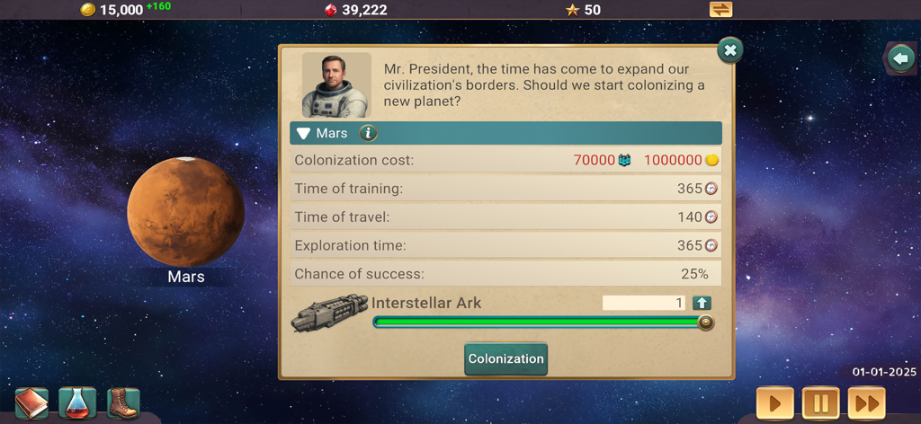 MA 3 – President Simulator - Strategischer Marskolonisierungs-Bildschirm in Modern Age 3 President Simulator, der Missionsdetails und die Interstellar Ark zeigt.