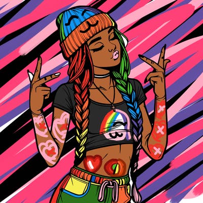 realistic teenage girl with braids and a beanie and crop top doing 🫶🏼