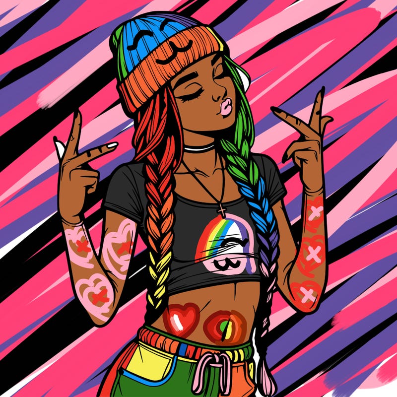 realistic teenage girl with braids and a beanie and crop top doing 🫶🏼