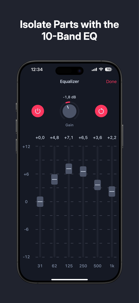 AudioTweak: Change Music Speed - AudioTweak app 10-band equalizer screen for isolating music instruments