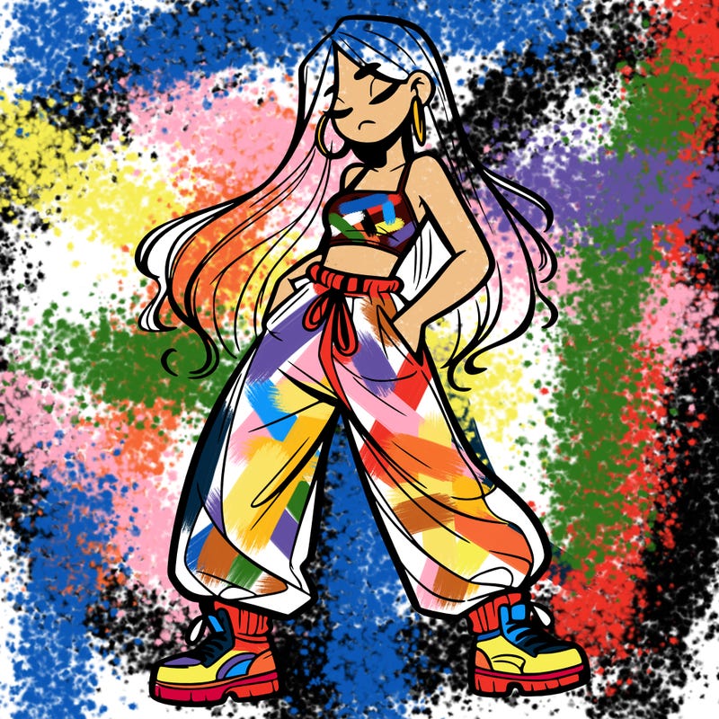 girl in baggy pants crop top and long hair