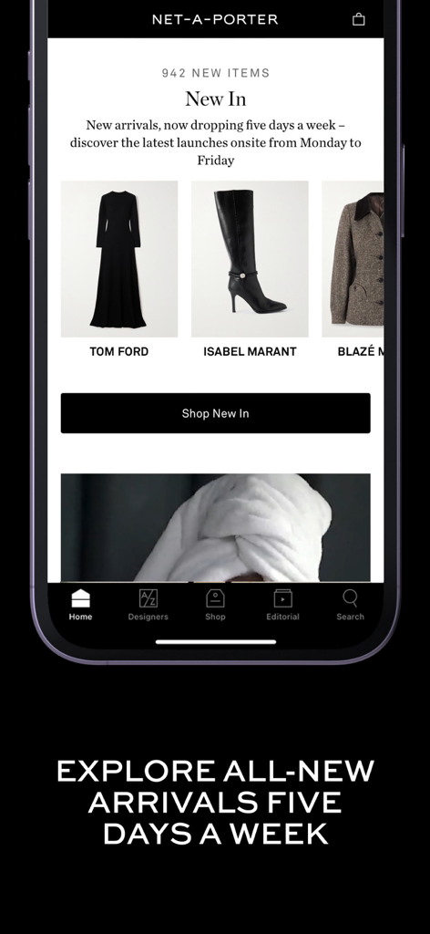 NET-A-PORTER mobile app interface showing new luxury arrivals from designer brands
