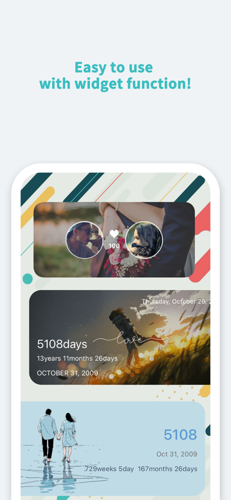 Couple Widget : Love Countdown - Aesthetic relationship widget designs showing days together and anniversary milestones