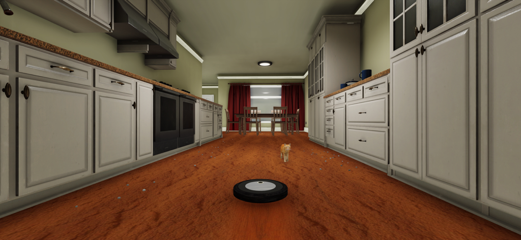 Robot Room Cleaner - A robot vacuum cleaning a kitchen floor with a cat in the background