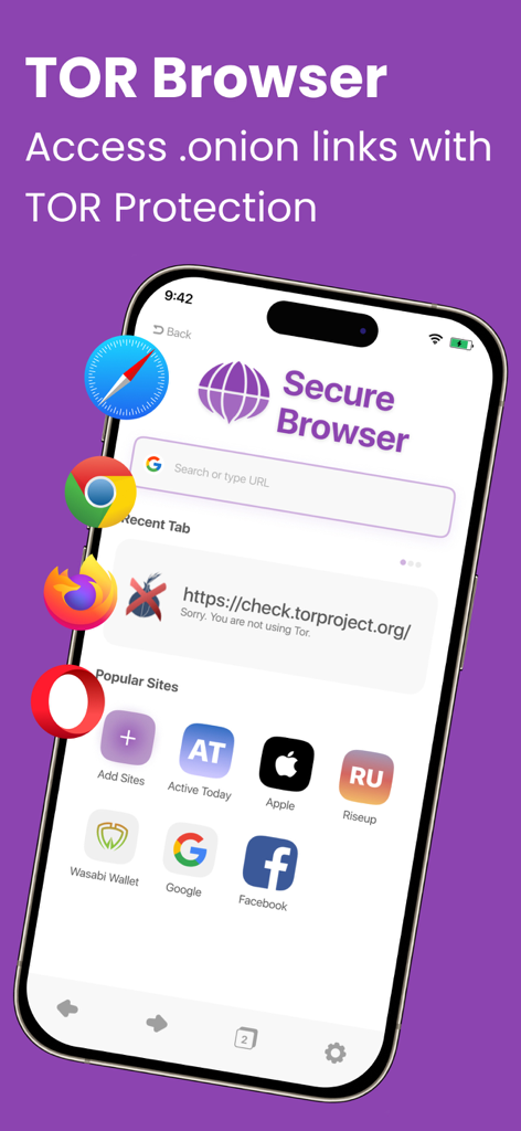TOR Browser app showing secure browsing interface with onion link support on an iPhone