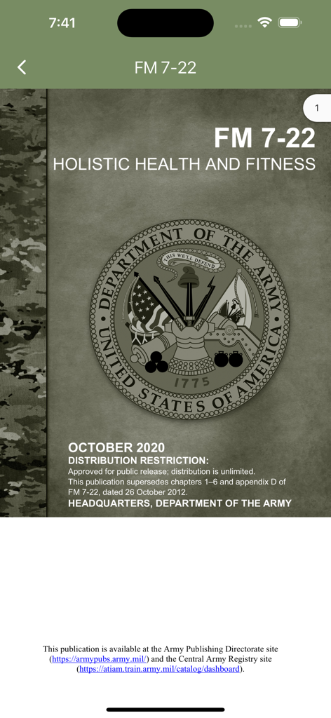 Army Fitness - Official US Army FM 7-22 Holistic Health and Fitness manual cover displayed in the app