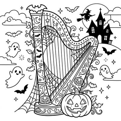 Dive into the spooky season with our unique Halloween Harp coloring page, where musical elegance meets haunted charm. This intricate design is perfect for adding your vibrant colors to a bewitching scene.