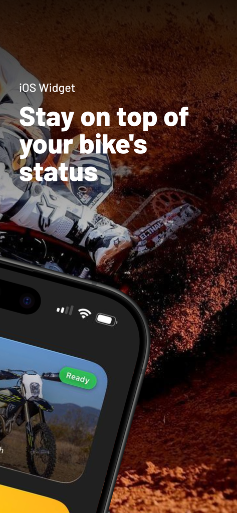 DirtTime app promotional screen showing an iOS widget with a bike ready status