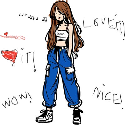 girl in baggy pants crop top and long hair