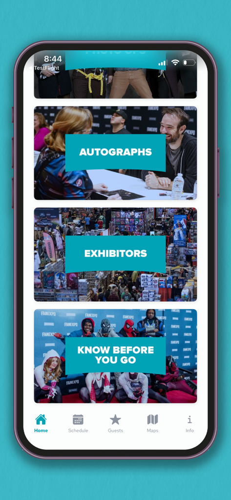 Pantalla de inicio de la aplicación FAN EXPO Vancouver mostrando secciones de autógrafos, expositores e información del evento.