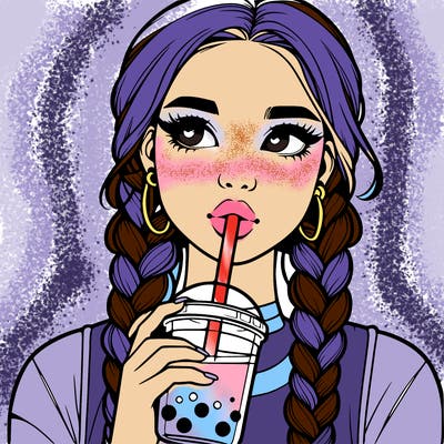 realistic girl with braided hair drinking boba