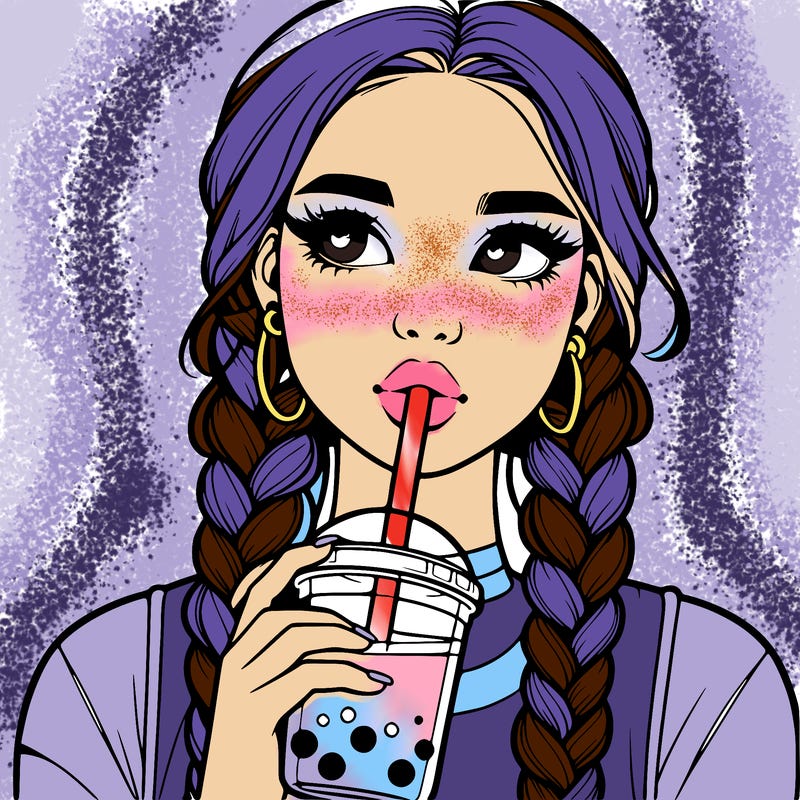 realistic girl with braided hair drinking boba