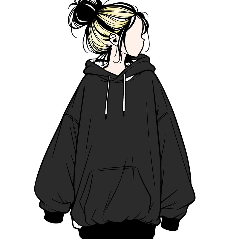 realistic girl with a oversized sweatshirt on and a bun