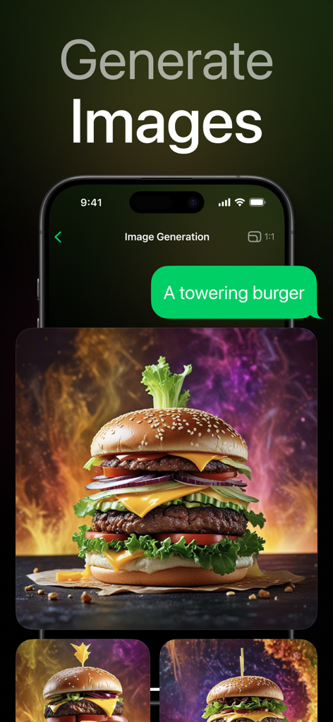 Screenshot of AI Box app image generation feature showing an AI generated towering burger from a text prompt