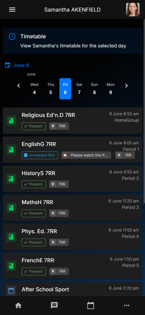 Daymap Companion - A screenshot of the Daymap Companion app displaying a student's daily timetable and attendance status for various subjects.