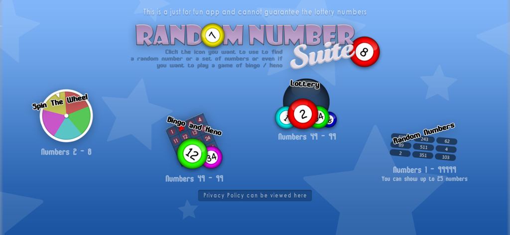 Main screen of Random Number Suite app featuring Spin the Wheel, Bingo, Lottery, and Random Number generator modes