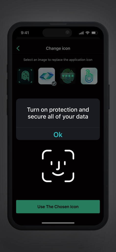 AI Security: Breach Defender - Interface for changing the application icon and enabling data protection in the AI Security app