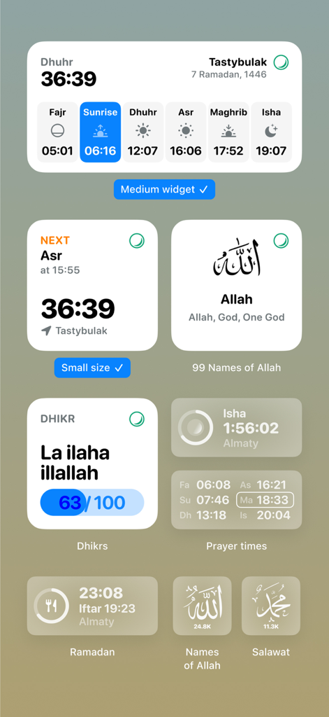 Sajda Mobile App Home-Bildschirm-Widgets mit Gebetszeiten, Dhikr-Zähler und Namen Allahs.