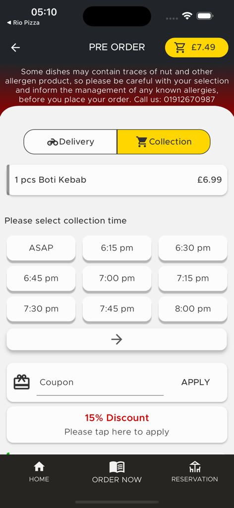 Maida Table Spread app preorder screen with boti kebab order and collection time selection