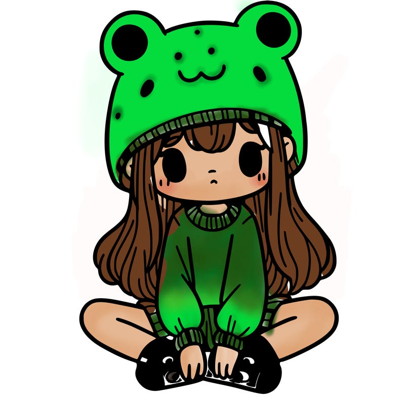 a girl wearing a frog hat and some frog socks