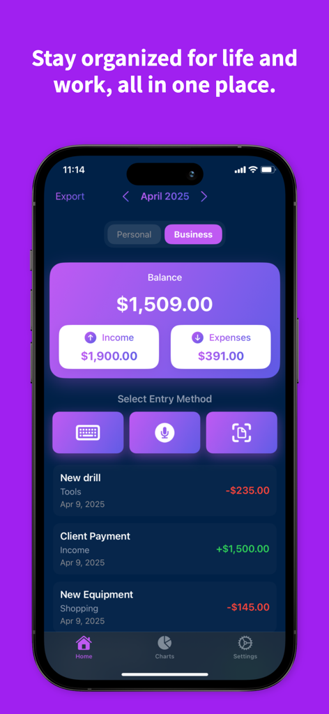 Cash Compass App-Oberfläche mit geschäftlichem Guthaben, Einnahmen und Ausgaben sowie Sprach- und Scan-Eingabemethoden