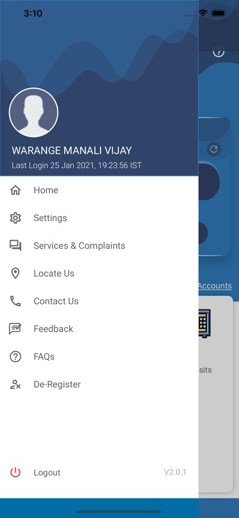 MSC Bank - El menú de navegación lateral de la aplicación móvil MSC Bank que muestra el perfil del usuario y varios servicios bancarios.