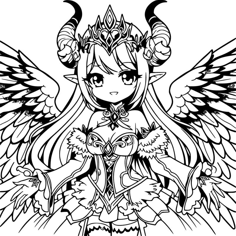 a detailed fantasy manga queen with wings and horns