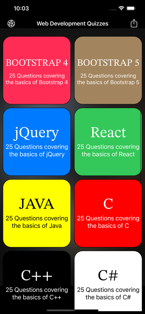 Web Development Languages Quiz - App screen showing various web development quiz categories like React jQuery and Bootstrap