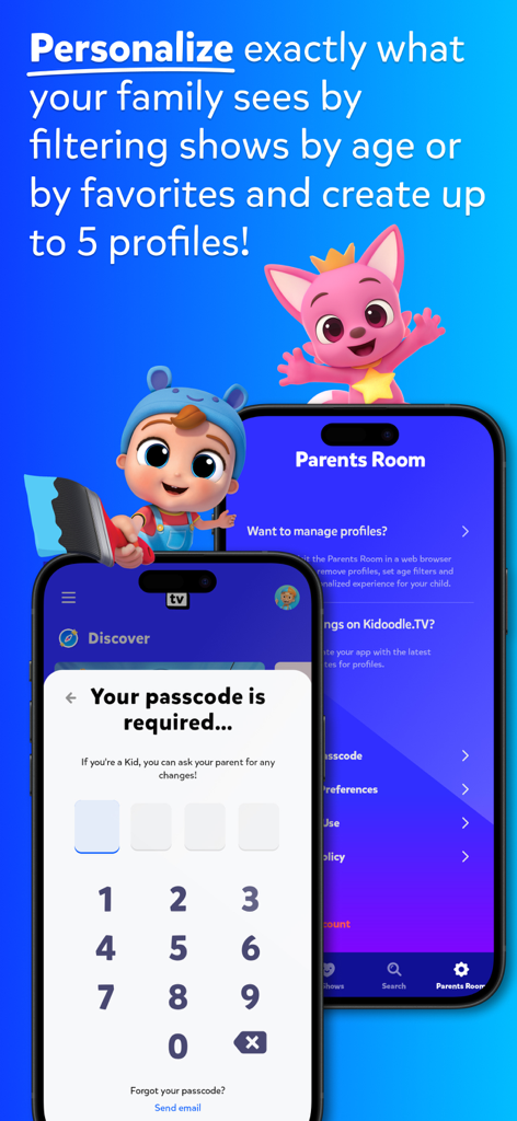Kidoodle.TV - Safe Streaming™ - Kidoodle.TV app interface showing parental controls and profile personalization settings.