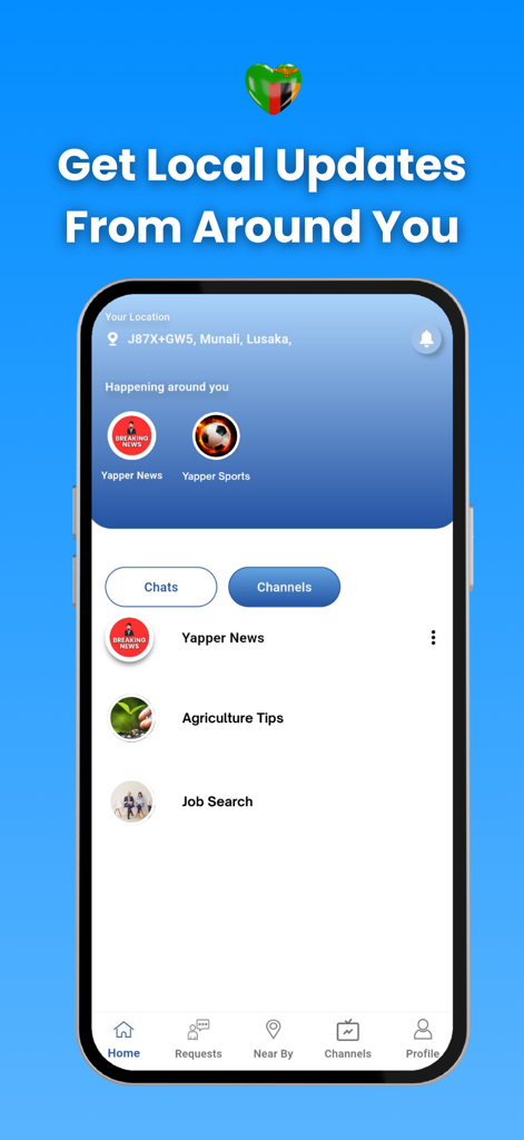 Yapper - Chat Nearby Zambia - Yapper app interface showing local Zambian news and community channels