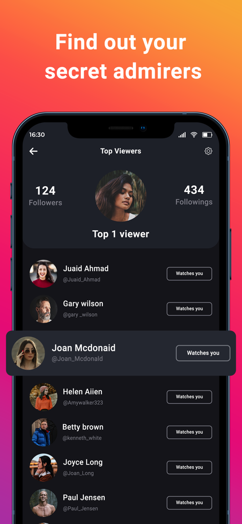 Follower Tracker : Followers - 인스타그램에서 비밀 팬 및 최고 방문자 목록을 보여주는 앱 화면
