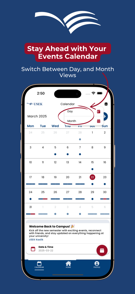 Calendário de eventos do aplicativo USEK Oficial com seleção de visualização diária e mensal para alunos universitários