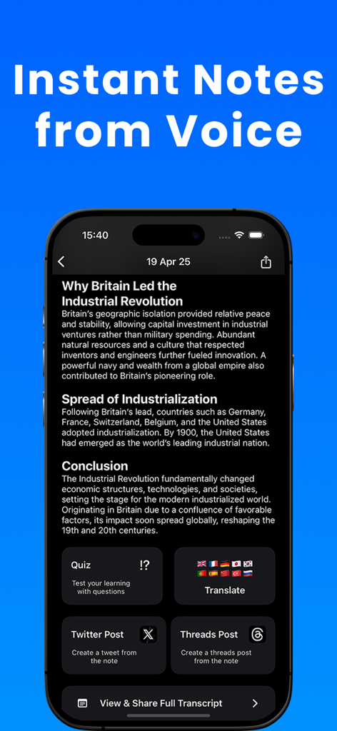 Smartphone screen displaying AI generated notes from voice transcription with options for quiz translation and social sharing