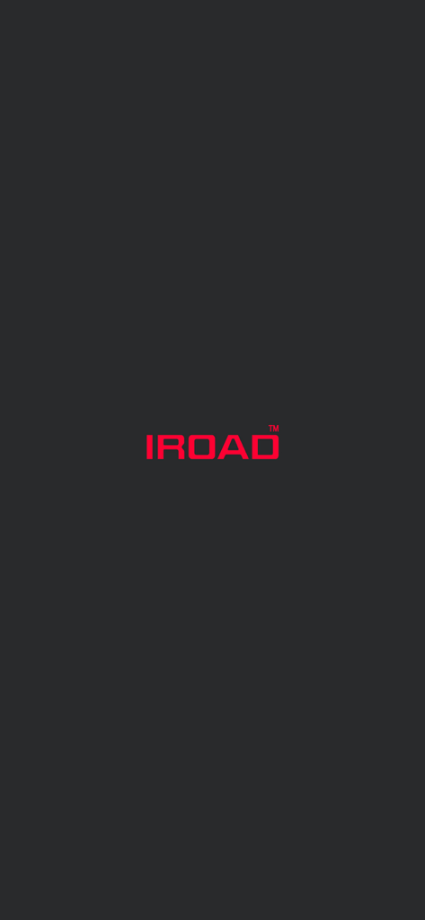 Pantalla de presentación de la aplicación IROAD con el logotipo de la marca roja sobre un fondo gris oscuro