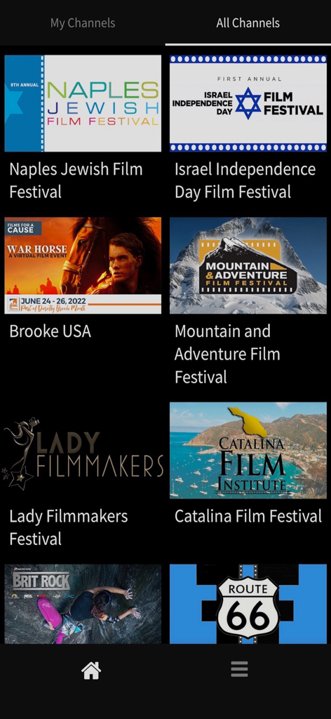 A grid view of various film festival channels including Naples Jewish Film Festival and Catalina Film Festival in the Film Festival Flix app interface