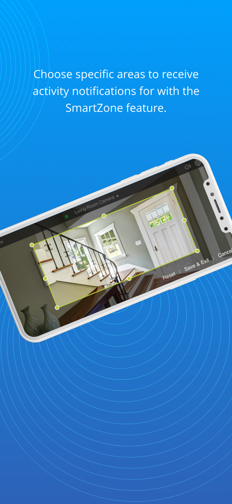 Pantalla de smartphone que muestra la función SmartZone para configurar áreas de detección de movimiento en una cámara de seguridad del hogar
