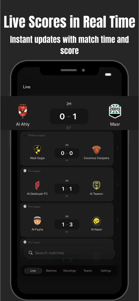 Rodjo Black - Match - Interfaz de la aplicación Rodjo Black Match que muestra resultados de fútbol en vivo en tiempo real y actualizaciones de partidos en modo oscuro minimalista.