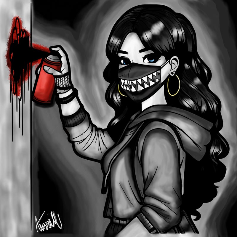 realistic girl with mask spray painting a wall