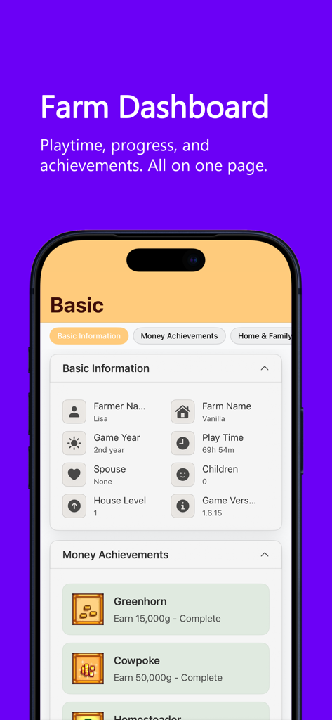 Stardew Guide & Tracker - Panel de granja en la aplicación Guía y Rastreador de Stardew que muestra información básica del jugador y logros de dinero
