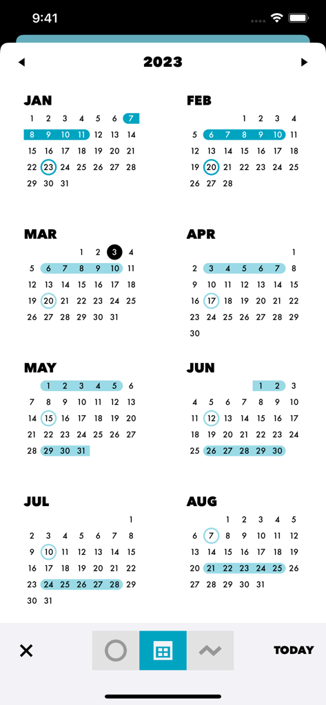 Cube Period Trackerアプリの年間カレンダー概要。複数月にわたる追跡された生理周期が表示されています。