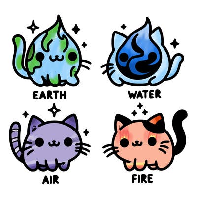 4 cats that represent the different elements, earth, water, air, and fire