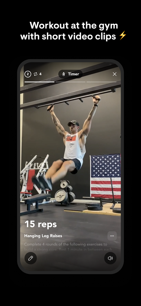 A fitness trainer performing hanging leg raises during a gym workout on the Playbook app interface