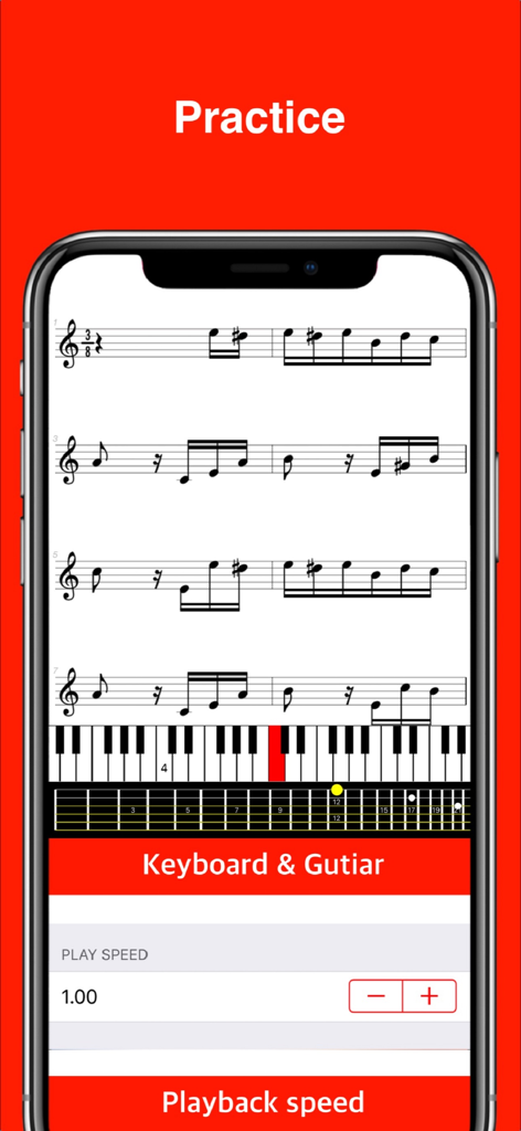 MIDI Score app practice screen showing sheet music with a virtual piano keyboard and guitar fretboard
