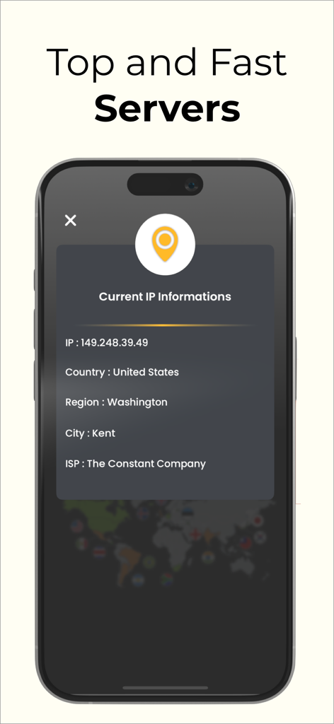 VPNSix - Optimized and Fast - Aplicación VPNSix mostrando la información de la dirección IP actual y la ubicación del servidor en Washington, Estados Unidos