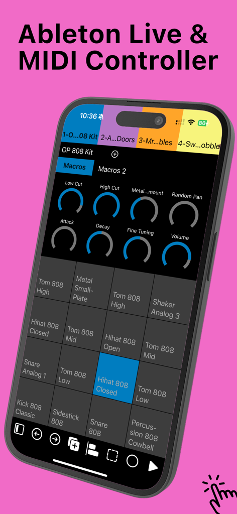 7III Tap: Live MIDI Controller - Interface of 7III Tap MIDI controller featuring drum pads and macro encoders for Ableton Live