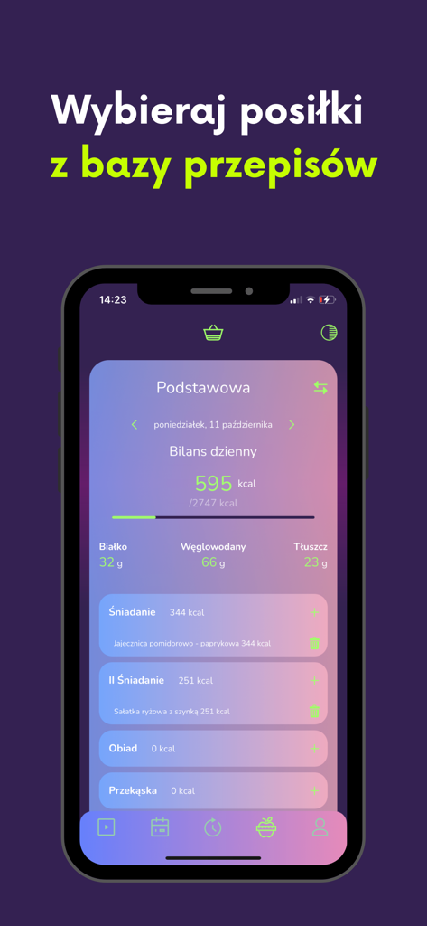 Meal planning and calorie tracking interface in the Miazga fitness app