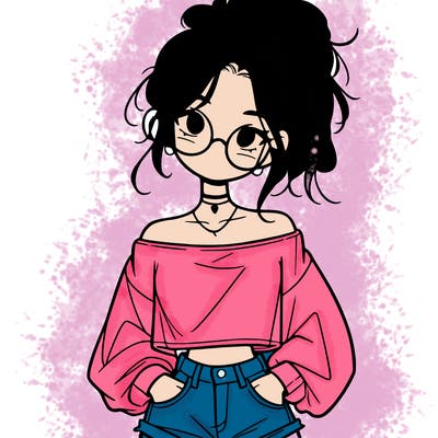 girl with a messy ponytail glasses a baggy crop top and jean shorts