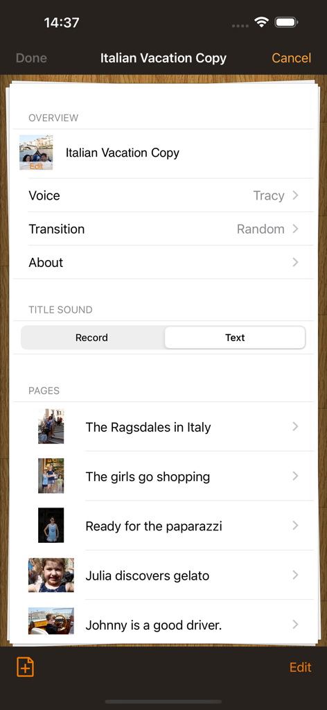 Pictello Visual Stories - Editor screen of the Pictello app showing the structure of a visual story with multiple pages featuring personal photos and text descriptions