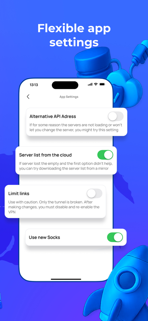 VPN Russiaの高度な接続設定画面。カスタムサーバーとAPIオプションが表示されています。